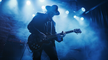 Guitarist performing on stage with dramatic lighting