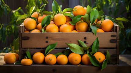 Fresh Oranges in a Wooden Crate with Green Leaves.