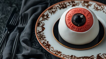 A close-up of a spooky eyeball cake with realistic fondant details, on a gothic dessert plate, high-resolution photo, realistic photo