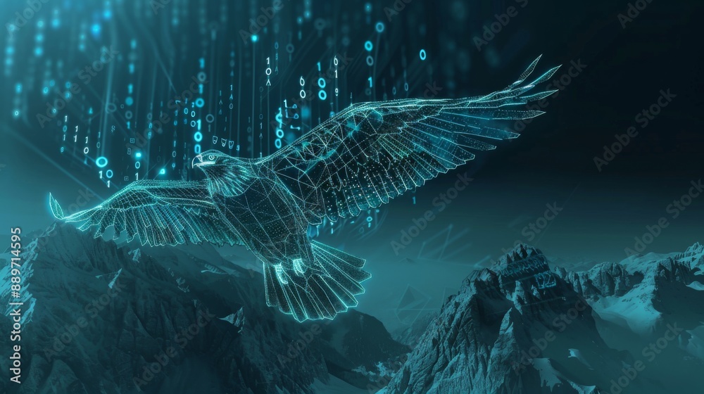 Poster a digital eagle, formed of glowing lines and data, soars above snowy mountains. the eagle's wings ar