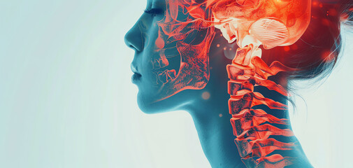 Medical illustration showing human brain and spine in profile view, highlighting the nervous system and cranial anatomy against a light background.