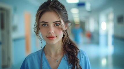 Naklejka premium Portrait of young woman nurse at hospital corridor