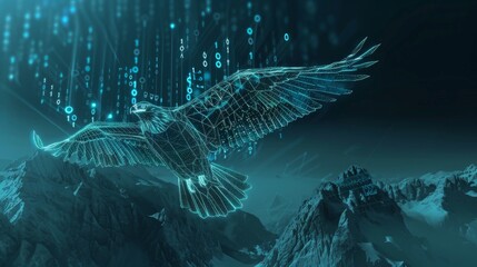 A digital eagle, formed of glowing lines and data, soars above snowy mountains. The eagle's wings are spread wide as it flies through a blue sky filled with falling binary code.