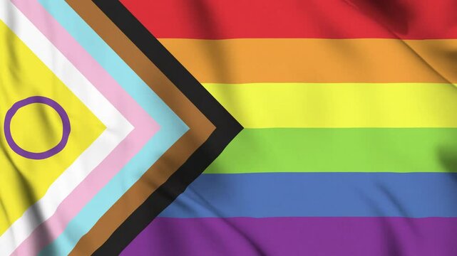 Waving Flag of Intersex Inclusive Progress Pride Flag video background. Symbolizing diversity and LGBTQ+ representation. LGBT Rainbow Flag, Loop 4K Motion Graphics