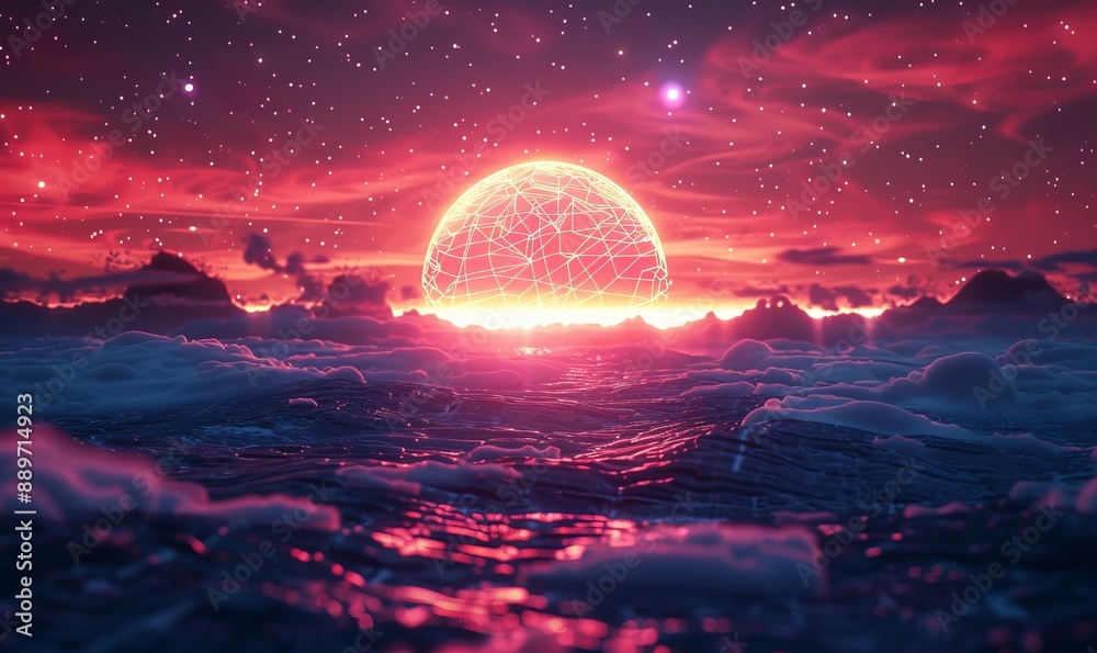 Wall mural universe retro futuristic 80's background 4k. synthwave wireframe net grid. abstract digital backgro