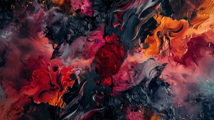 Fototapeta premium A captivating abstract fluid art painting with dynamic swirls of red, black, and orange hues.