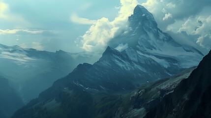 cinematic view of the matterhorn mountain, realistic, beautiful, cloud, sunshine, epic, high resolution, high detail, hyperrealism