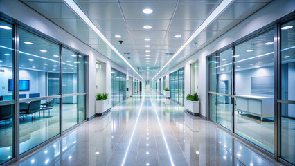 Sparkling-clean hospital corridor with glass walls, modern LED lighting, and sleek architecture, creating a sterile and futuristic ambiance for medical and healthcare environments.