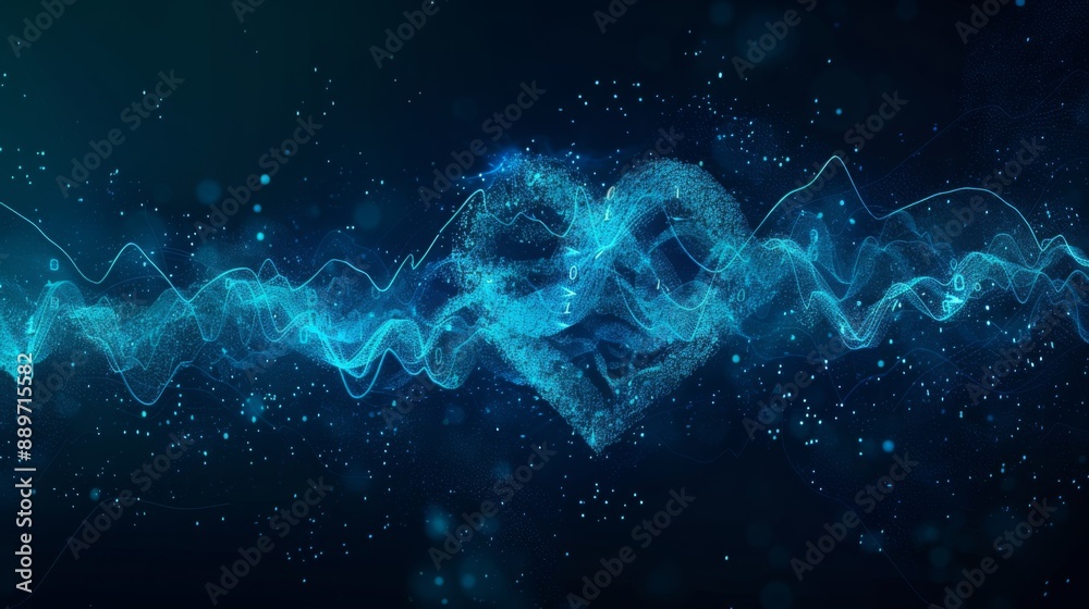 Poster A blue digital heart formed from glowing particles floats in a stream of blue waves, surrounded by small, glowing particles against a dark background.