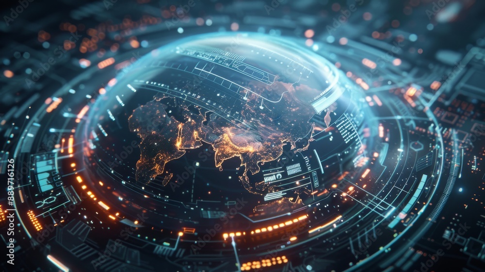 Poster quantum encryption device securing global communications, futuristic interface