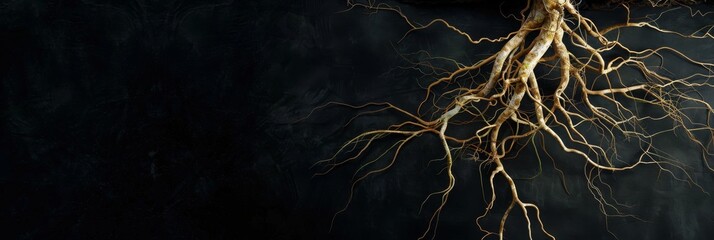 A wide, top-down view of animated roots spreading across a black background, creating a living organic effect