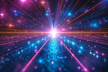 Naklejka premium Laser show with star beams, Laser abstract background blue pink lines moving out. the rays of the star scatter in different directions with bright lights in the center, the rays from, Generative AI