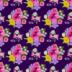 Vector seamless floral summer pattern on purple background bouquets of flowers