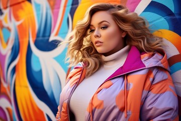 Naklejka premium Cute young Caucasian woman plus size in colorful coat posing by concrete wall with bright graffiti on sunny windy spring day. Stylish american plus size model at streets of city against graffity wall