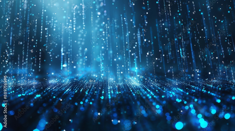 Aufkleber binary code falls like rain over a digital landscape, illuminated by a soft, blue light.