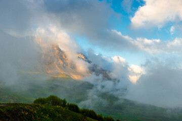 Picturesque mountains in the beautiful clouds of the North Caucasus. Russia