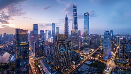Obraz premium A panoramic view of the city skyline at dusk, showcasing towering skyscrapers and bustling streets below The scene is bathed in soft evening light with hues of blue sky and orange Generative AI