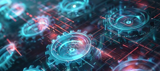 Obraz premium High-Tech Visualization of Semi-Transparent Gears with Holographic Elements on Digital Grid Background