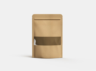 3D render of a generic paper doypack with the window hole on a light background