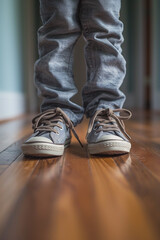 Close-up of a child&rsquo;s legs and feet in denim jeans and sneakers standing on a wooden floor, capturing the innocence and simplicity of childhood.