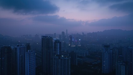 A panoramic view of the city skyline at dusk, showcasing tall buildings and modern architecture in Shenzhen, China Generative AI