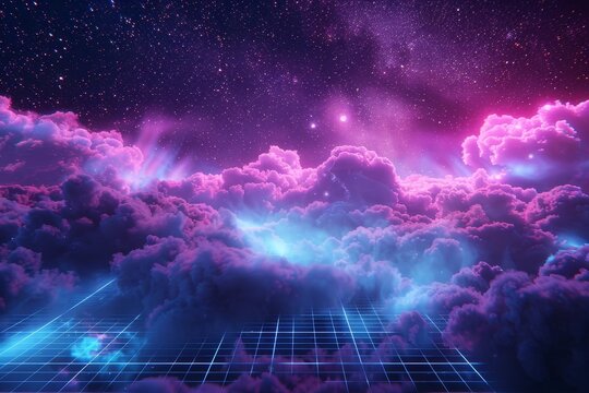 Synthwave vaporwave retrowave cyber background with copy space, laser grid, starry sky, blue and purple glows with smoke and particles. Design for poster, cover, wallpaper, web, banner, Generative AI