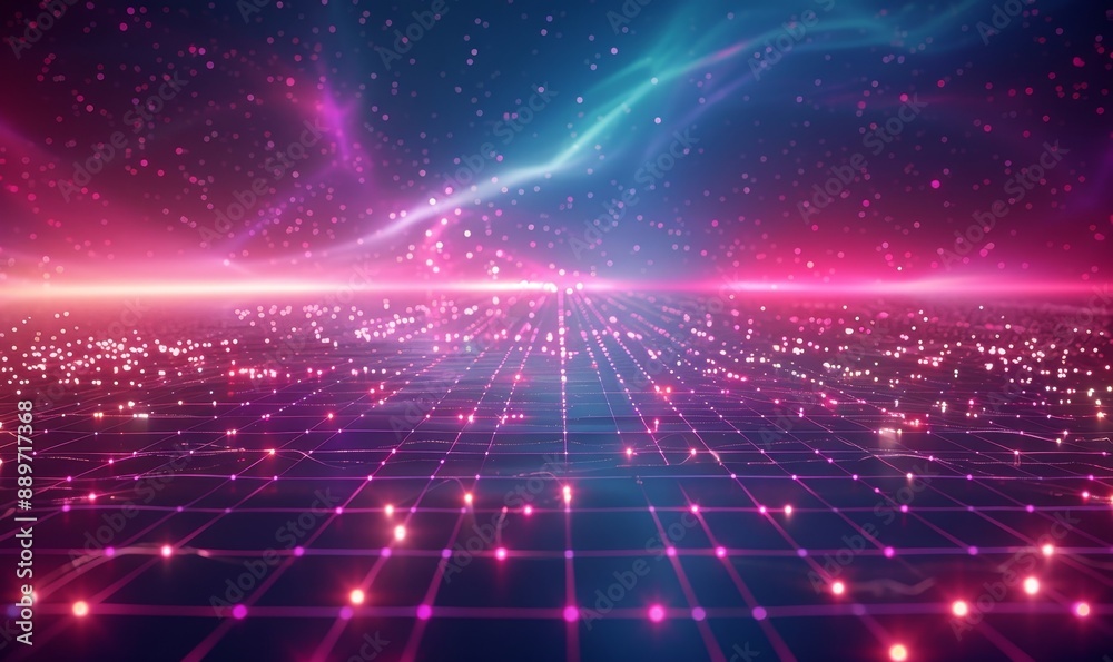 Wall mural synthwave wireframe net illustration. abstract digital background. 80s, 90s retro futurism, retro wa