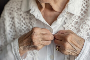 Close-up of elderly woman’s hands buttoning white shirt. Concept for Alzheimer's, care, and self-sufficiency