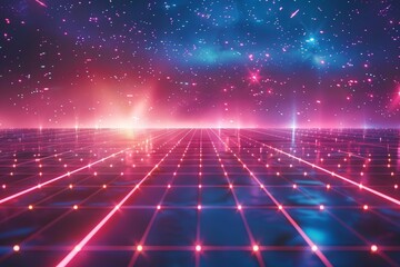 Obraz premium Universe Retro Futuristic 80's Background 4K. Synthwave wireframe net grid. Abstract digital background. 80s, 90s Retro futurism, Retro wave cyber grid. Deep space surfaces. Neon glow, Generative AI