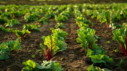 Obraz premium Beetroot plants growing in a field under sunlight. Concept of agriculture, organic farming, vegetable cultivation, sustainable farming
