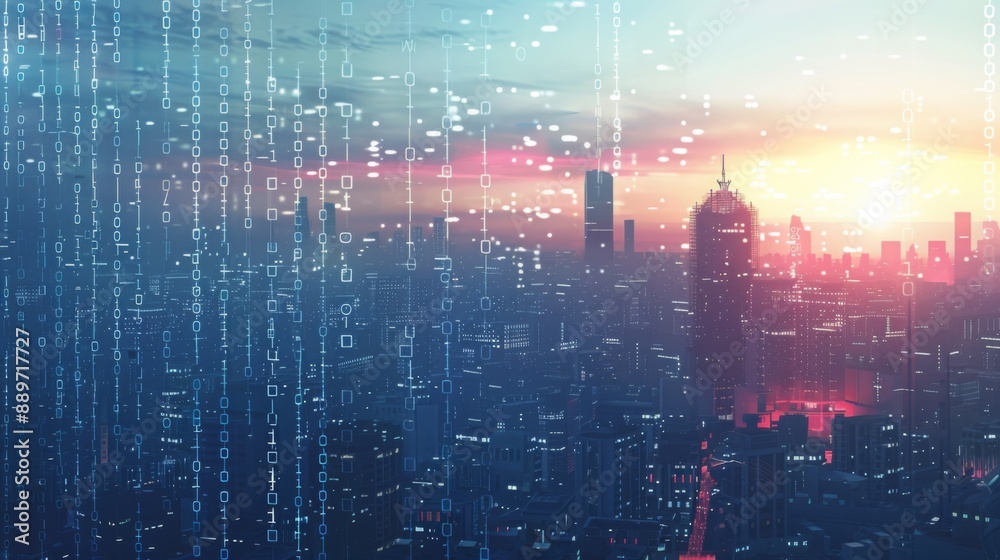 Poster A cityscape at sunset, with a digital overlay of binary code. The sun is setting behind tall buildings, casting a warm glow on the city.