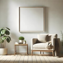 A minimalist living room scene featuring a beige armchair with a pillow and blanket, a wooden side table with plants and books, and a large blank frame on the wall