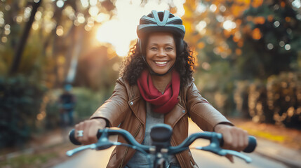 Active and healthy middle age African-American woman riding bicycle in park, copy space
