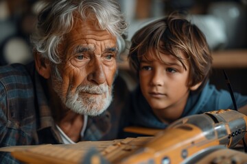 Obraz premium Elderly Man and Young Boy Looking at Model Airplane in Workshop