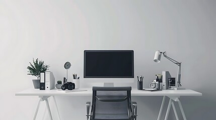 Elegant home office setup with a computer, stylish desk accessories, and a comfortable chair on a white background. 32k, full ultra HD, high resolution