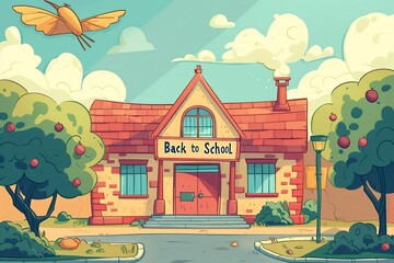 Fototapeta premium Colorful cartoon illustration of charming schoolhouse with 'Back to School' sign