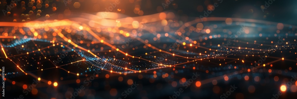 Poster a digital rendering of a futuristic network, featuring glowing nodes and lines that symbolize techno