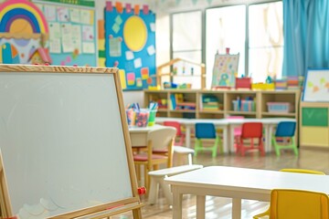 Colorful and vibrant kindergarten classroom with whiteboard and learning materials