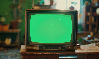 Close Up Footage of a Dated TV Set with Green Screen Mock Up Chroma Key Template Display. Nostalgic Retro Nineties Technology Concept, Generative AI