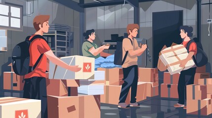 Emergency relief warehouse, volunteers packing, flat design illustration