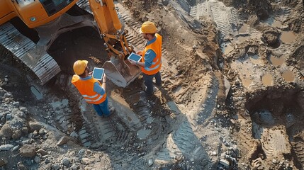 Drone Shot Of Construction Site With Excavators On Sunny Day: Diverse Team of Real Estate Developers Discussing Project. Civil Engineer, Architect, Inspector Talking And Using Tablet, Generative AI