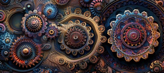 Colorful Gear Mandala Illustration Blending Mechanical and Spiritual Themes on a Dark Textured Background