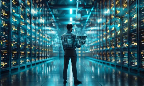 Futuristic Concept: Data Center Chief Technology Officer Holding Laptop, Standing In Warehouse, Information Digitalization Lines Streaming Through Servers. SAAS, Cloud Computing, Web, Generative AI