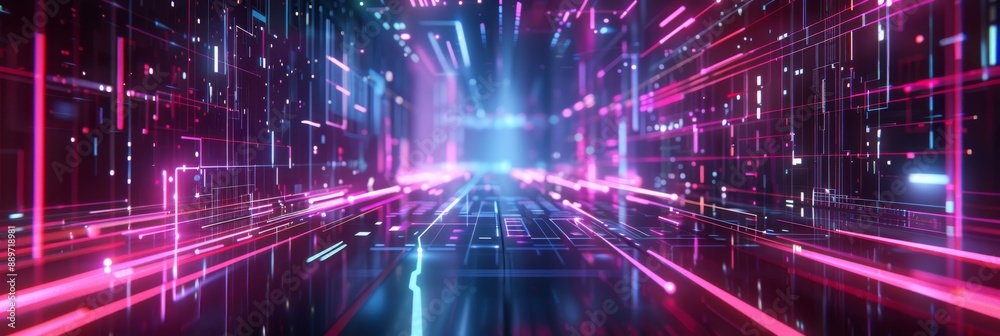 Poster a wide-angle photograph of a futuristic digital background with neon lines representing data transfe