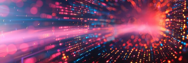 Fototapeta premium A futuristic digital background with neon lines representing data transfer and connectivity. The image is wide and has copy space