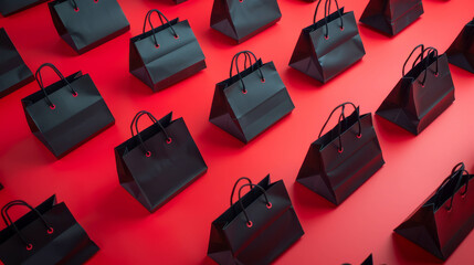 black shopping bags on red background, black friday