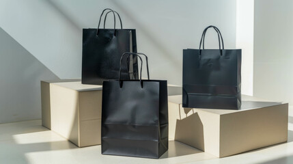 black shopping bags stand on the floor in a bright room