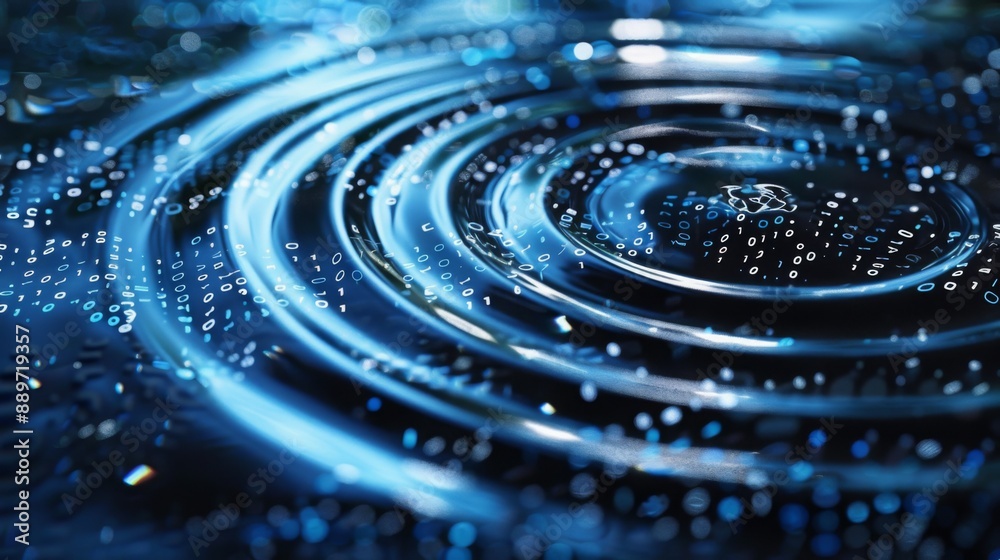 Poster A close-up of water ripples, showing concentric circles with binary code appearing on the surface.