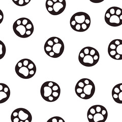 Pet paw print seamless pattern. Vector illustration with cat or dog paw on white background. It can be used for wallpapers, wrapping, cards, patterns for clothes and other.