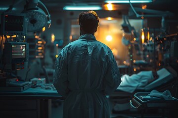 Fototapeta premium Back view of a surgeon doing a surgical operation at hospital , surgery in operating room concept image